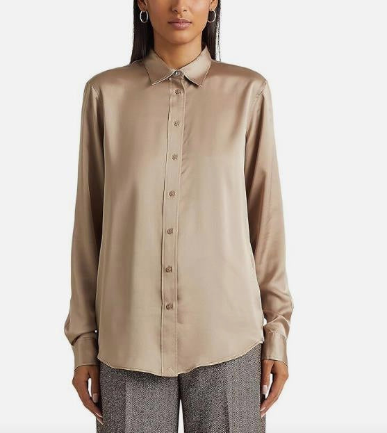 Ralph Lauren Womens Buttoned Satin Charmeuse Shirt LT Truffle Petite PL NEW $145