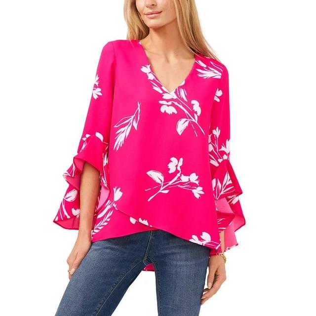 Vince Camuto Women's Pink Floral Printed Flutter-Sleeve Blouse XS $89 9121092