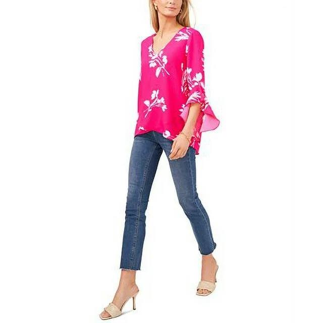 Vince Camuto Women's Pink Floral Printed Flutter-Sleeve Blouse XS $89 9121092