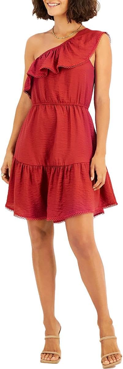 BAR III Womens One Shoulder Ruffled Mini Dress S NEW $99 10839412-7OU Red Canyon