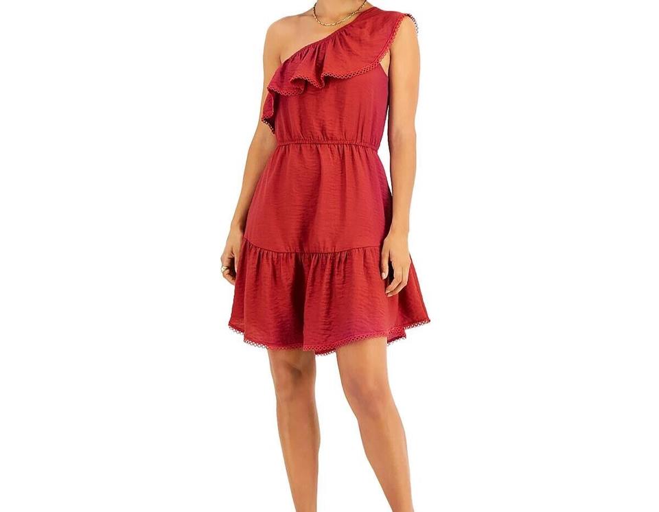 BAR III Womens One Shoulder Ruffled Mini Dress S NEW $99 10839412-7OU Red Canyon