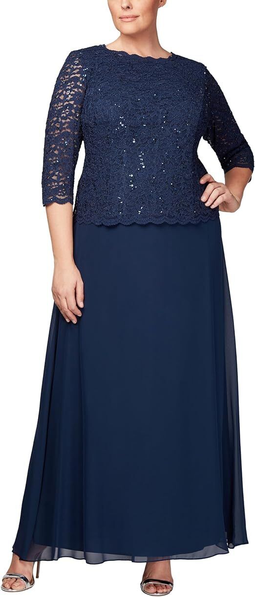 ALEX EVENINGS Chiffon Gown Sequined Scalloped Edge Lace Plus 20W NEW $185 412318