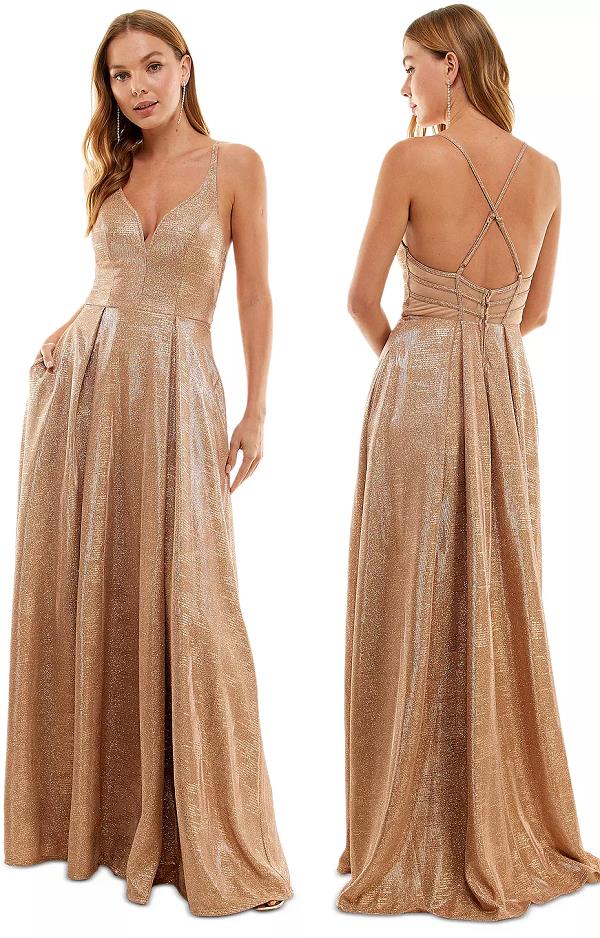 CITY STUDIOS Gown Juniors Rose Gold Metallic Pleated XBack 3 NEW $149 7319UY6ATP