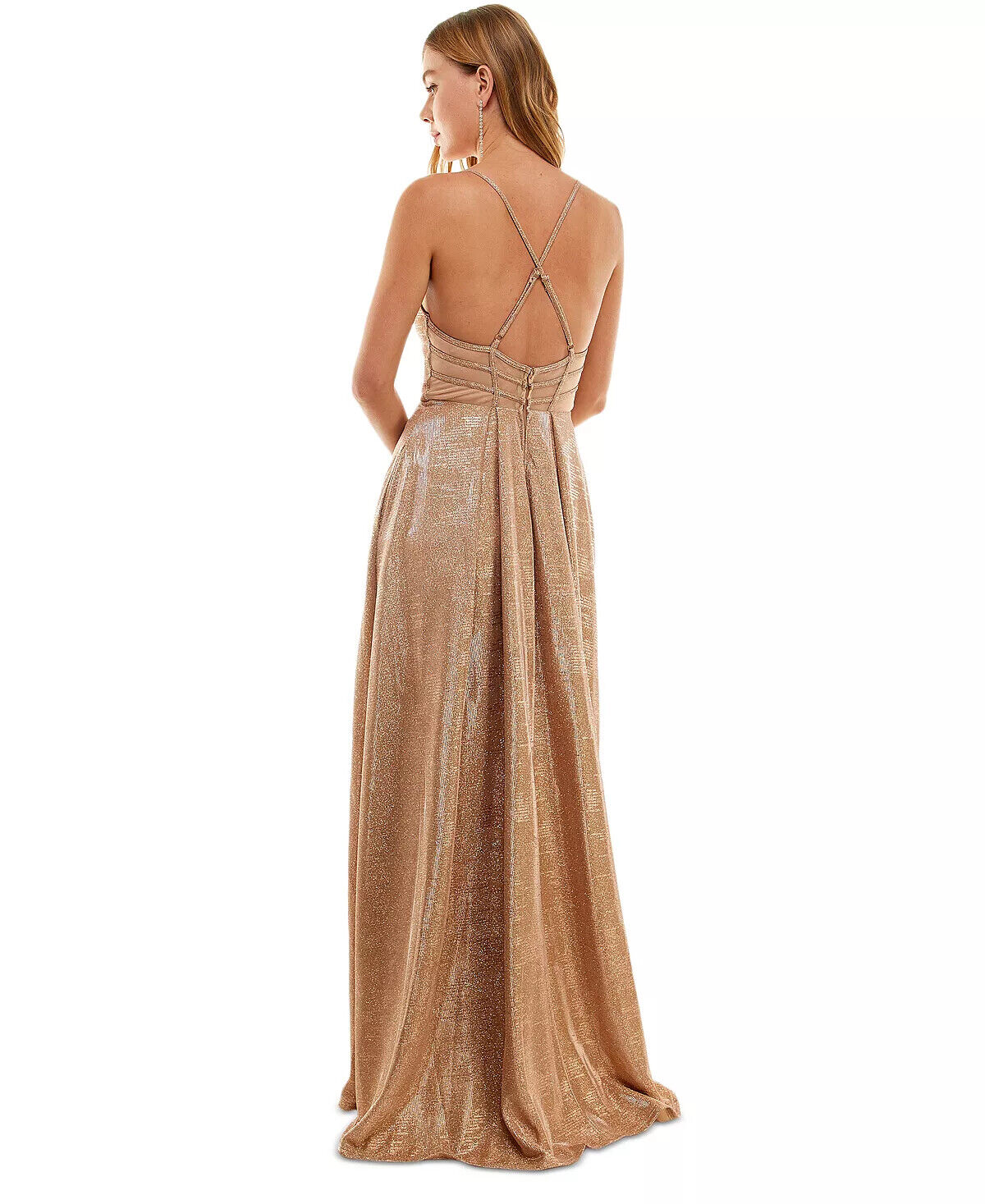 CITY STUDIOS Gown Juniors Rose Gold Metallic Pleated XBack 3 NEW $149 7319UY6ATP