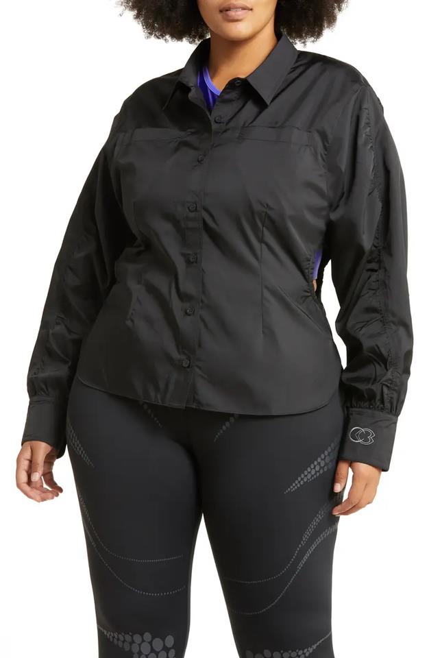 Reebok Womens Cardi B Ruched-Sleeve Active Shirt Black Size 1X NEW $65 HM9351