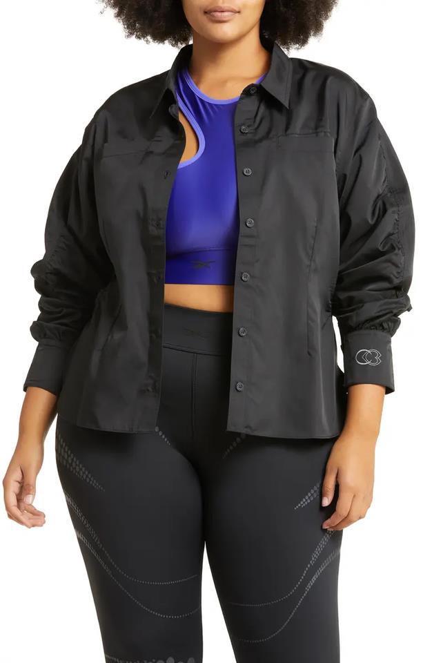 Reebok Womens Cardi B Ruched-Sleeve Active Shirt Black Size 1X NEW $65 HM9351