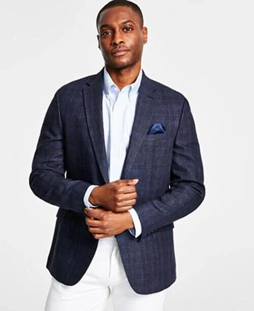 Bar III Mens Slim Navy Windowpane Linen Sport Coat 40 R NEW $295 TTAY1CVZ0030