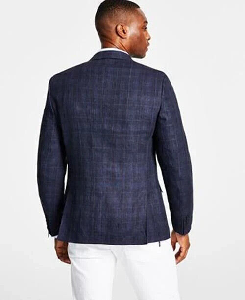 Bar III Mens Slim Navy Windowpane Linen Sport Coat 36 S NEW $295 TTAY1CVZ0030