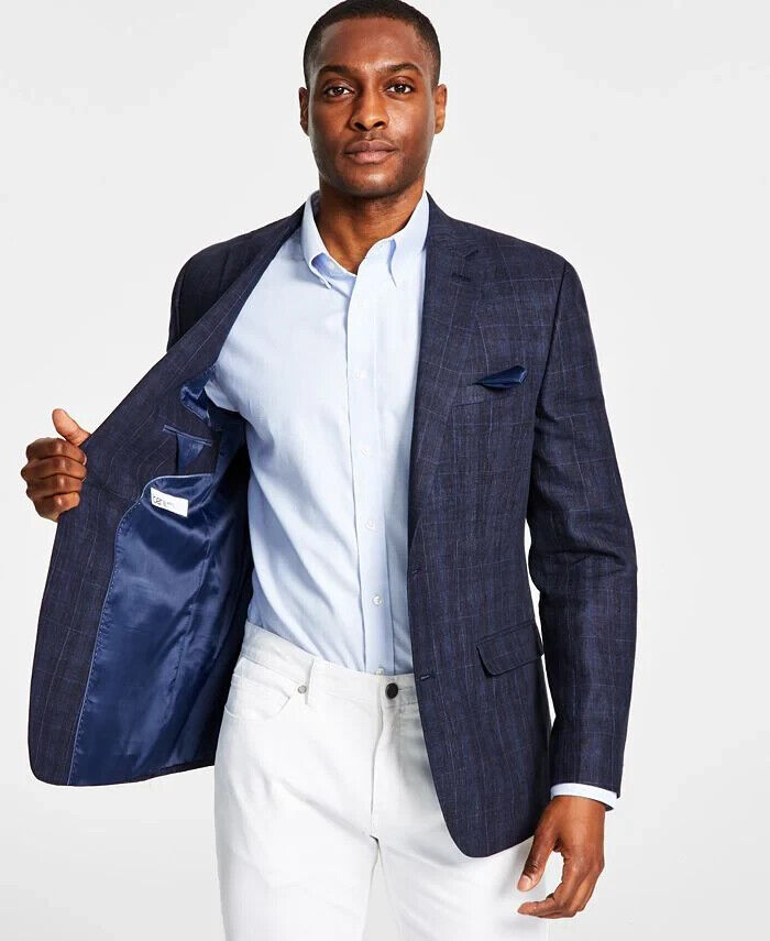 Bar III Mens Slim Navy Windowpane Linen Sport Coat 40 R NEW $295 TTAY1CVZ0030