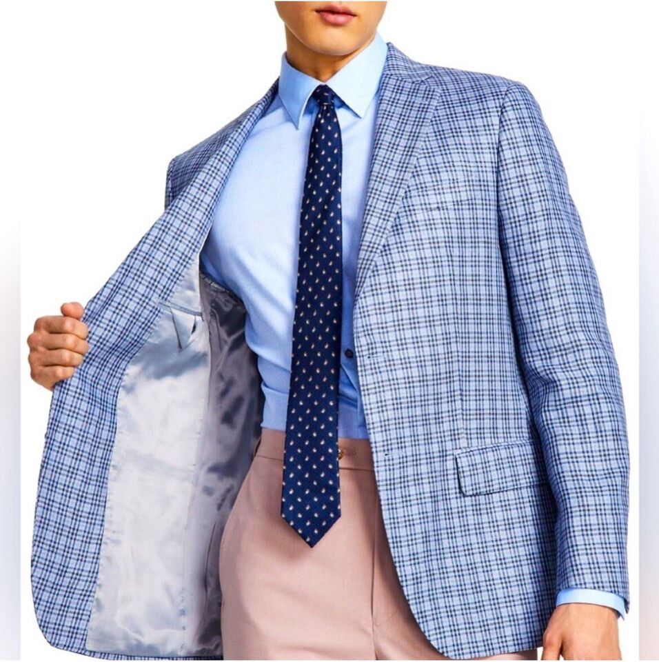 Ralph Lauren Mens Classic Fit Plaid Blue Linen Sport Coat 40 S NEW LSST14DX0598