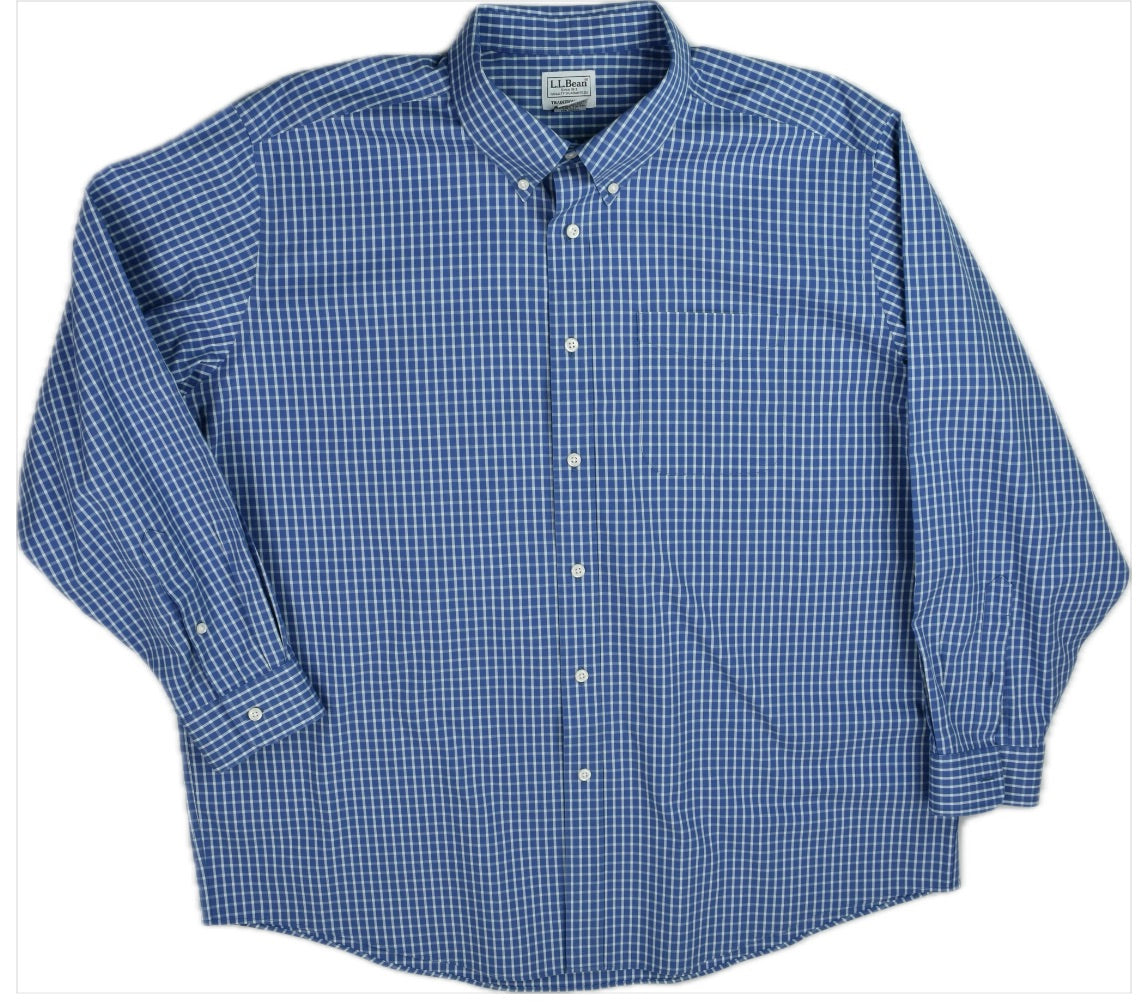 L.L. Bean Mens Button Collar Blue White Check Cotton Dress Shirt Size 18 NEW