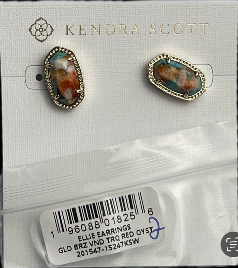 Kendra Scott Ellie VTG Gold Etch Frame Stud Earrings Bronze Veined 9608801825 -2