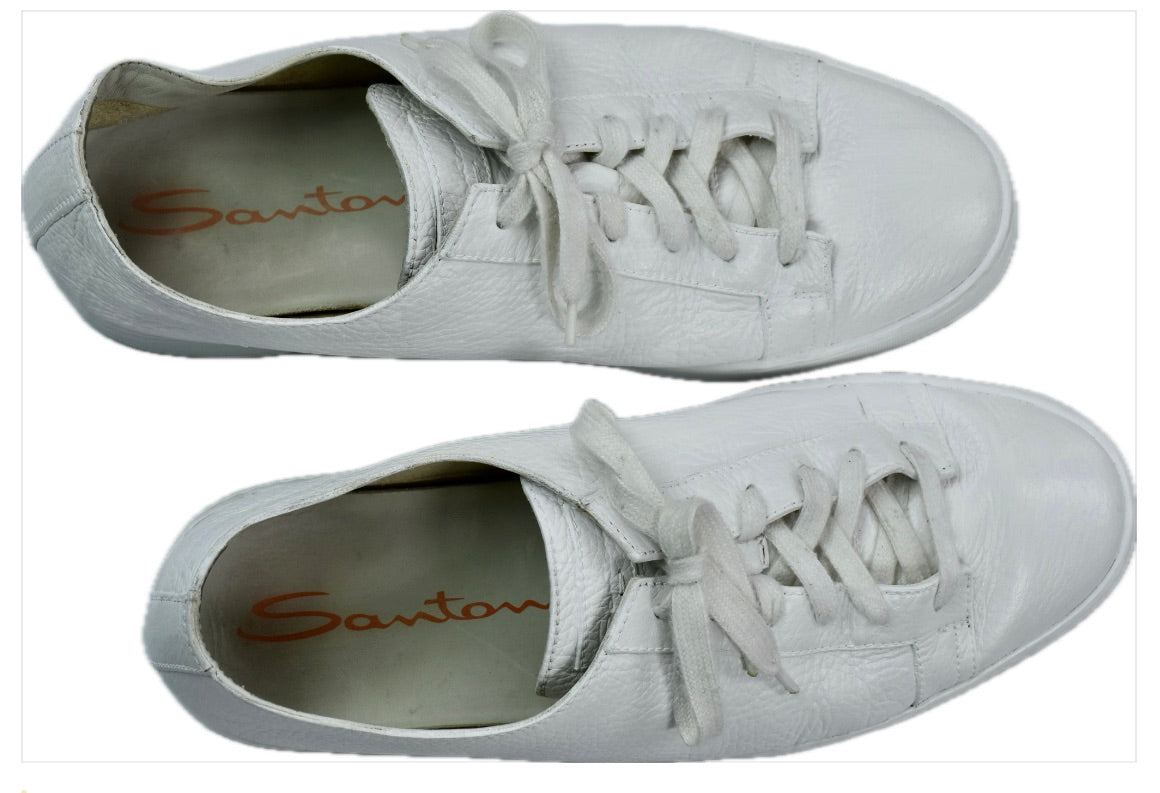 Santoni Men's Cleanic Lace Up White Sneakers 8 = USA Size 9  NEAR MINT    $595