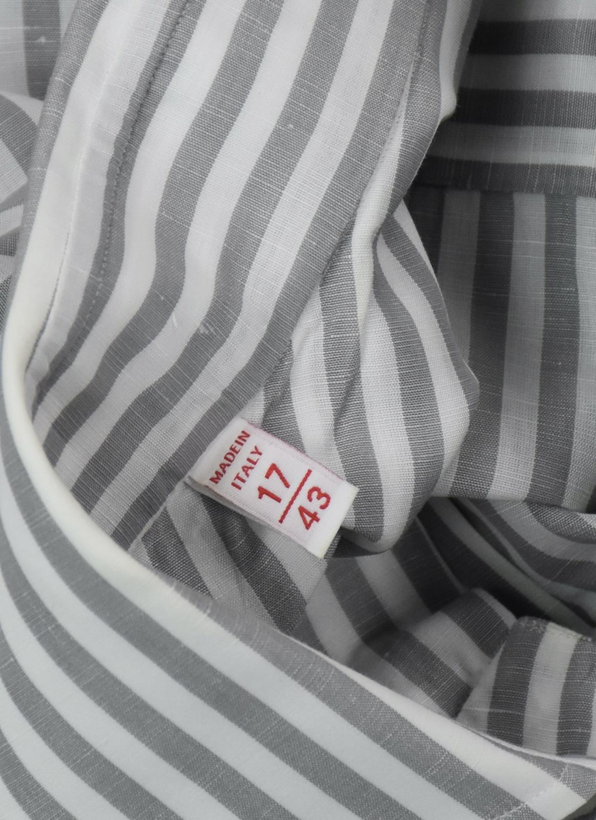 ISAIA NAPOLI Mens Stripe White Gray Linen Dress Shirt Size 17 New