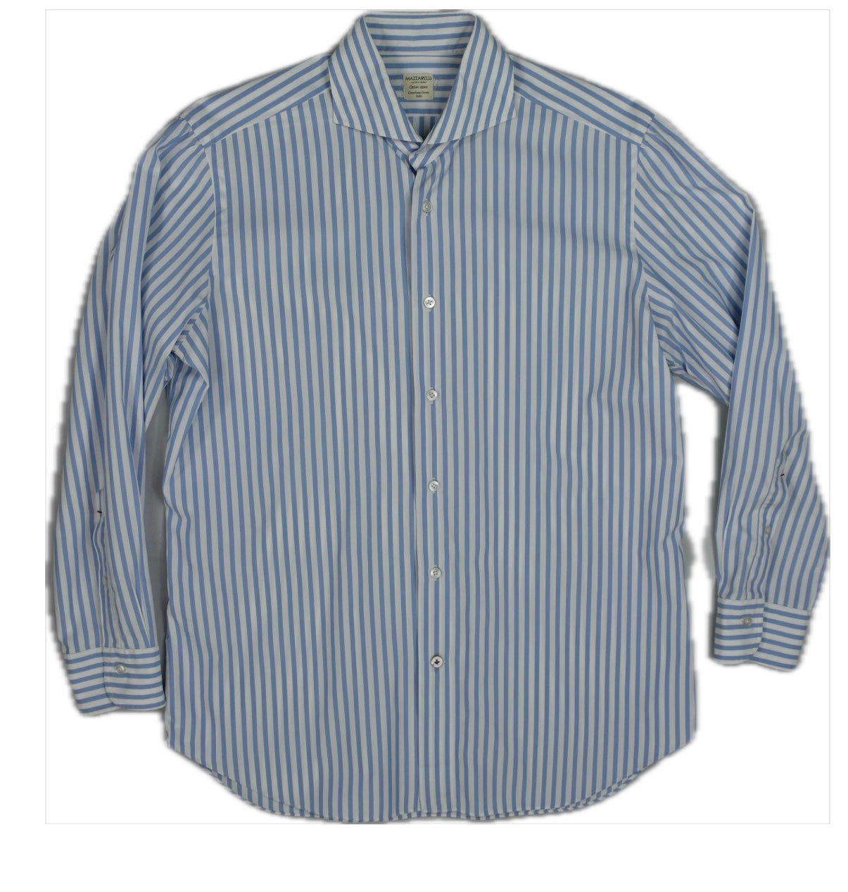 Mazzarelli Made In Italy Mens Slim Blue White Stripe Dress Shirt L NEW