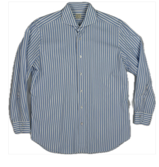 Mazzarelli Made In Italy Mens Slim Blue White Stripe Dress Shirt L NEW