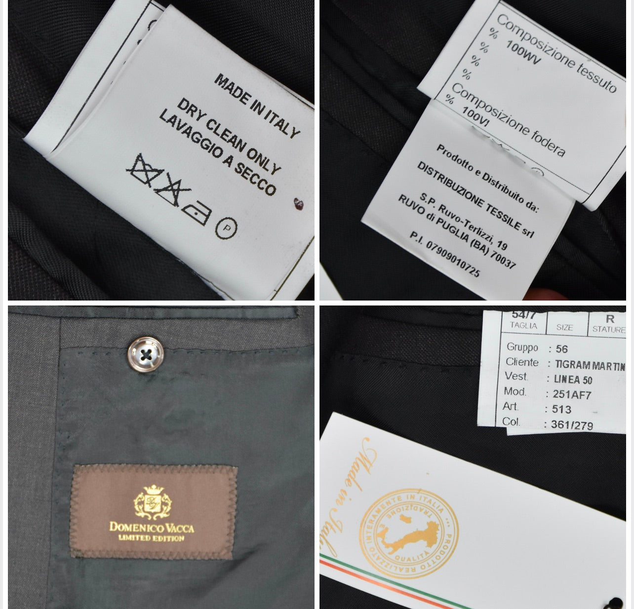 Domenico Vacca Men's 2 Piece Suit 54 - 44 R NEW Bespoke 2-BTN Working Buttons