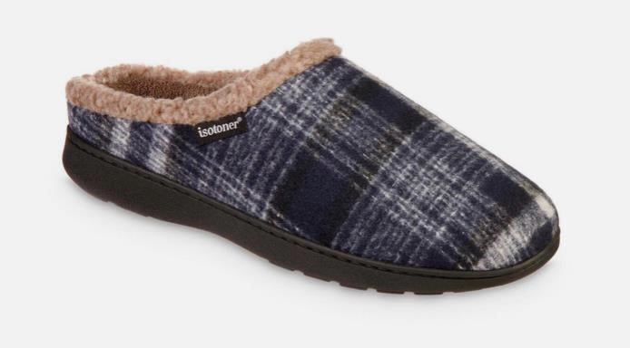 Isotoner Mens Plaid Hoodback Slipper Navy Blue L 9.5 - 10.5 NEW $48 A9F087NBL