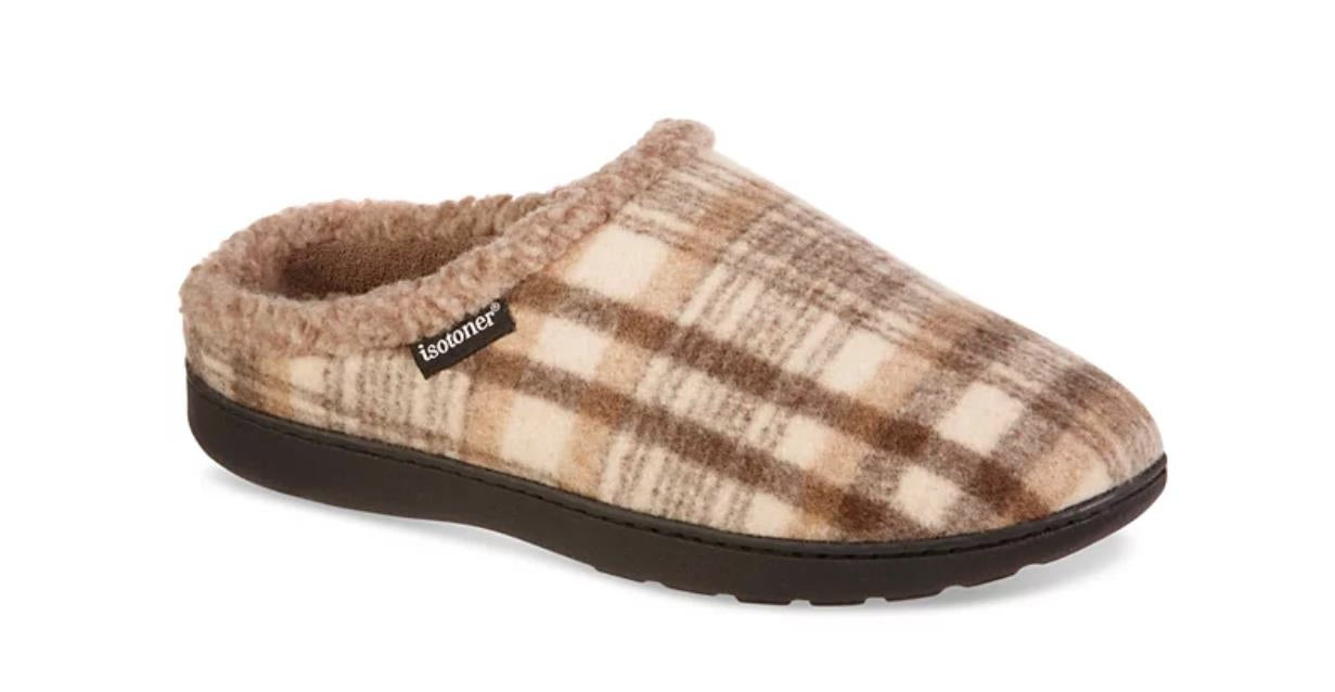 Isotoner Men's Plaid Hoodback Slipper Sandtrap L 9.5 - 10.5 NEW $48 A9F087SDT