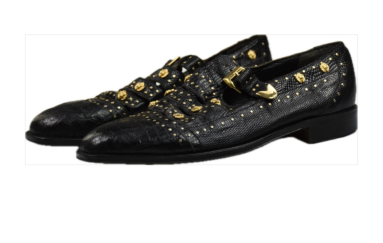 David Eden Men’s Black Genuine Crocodile Gator Lizard Gold Lions Shoes  11 MINT