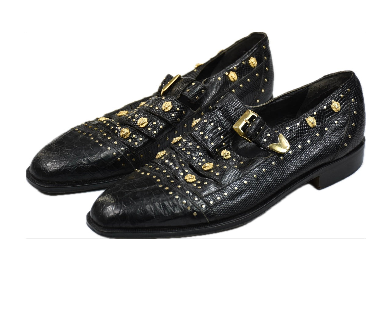 David Eden Men’s Black Genuine Crocodile Gator Lizard Gold Lions Shoes  11 MINT