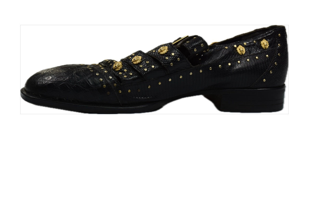 David Eden Men’s Black Genuine Crocodile Gator Lizard Gold Lions Shoes  11 MINT