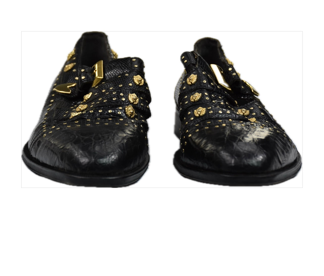 David Eden Men’s Black Genuine Crocodile Gator Lizard Gold Lions Shoes  11 MINT