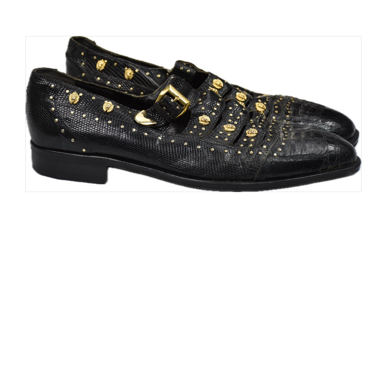 David Eden Men’s Black Genuine Crocodile Gator Lizard Gold Lions Shoes  11 MINT