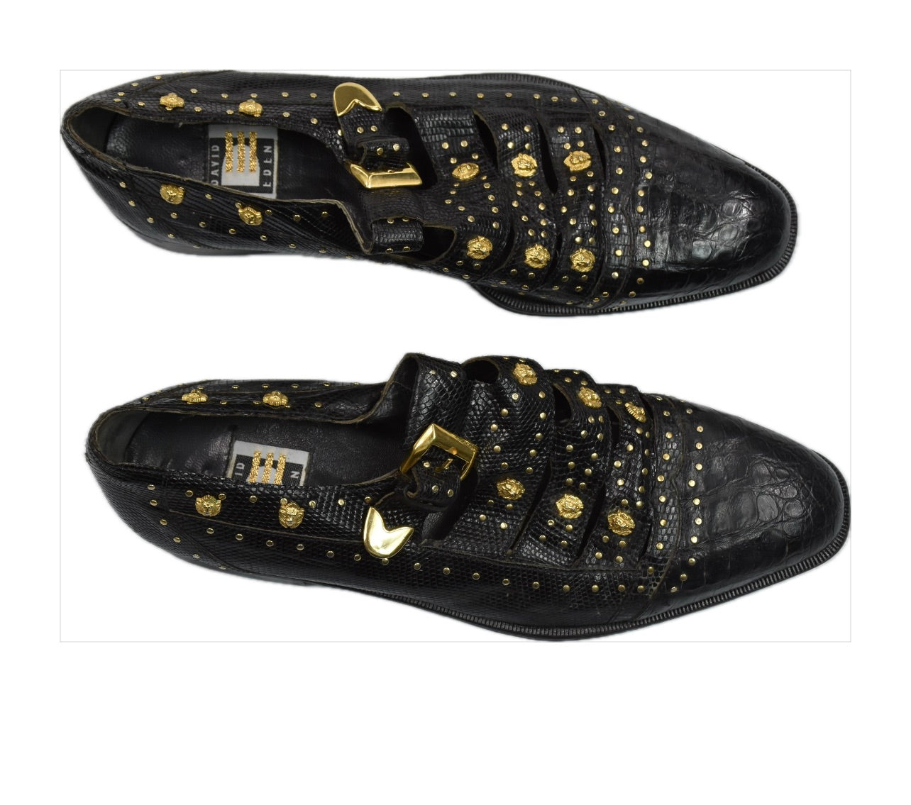 David Eden Men’s Black Genuine Crocodile Gator Lizard Gold Lions Shoes  11 MINT