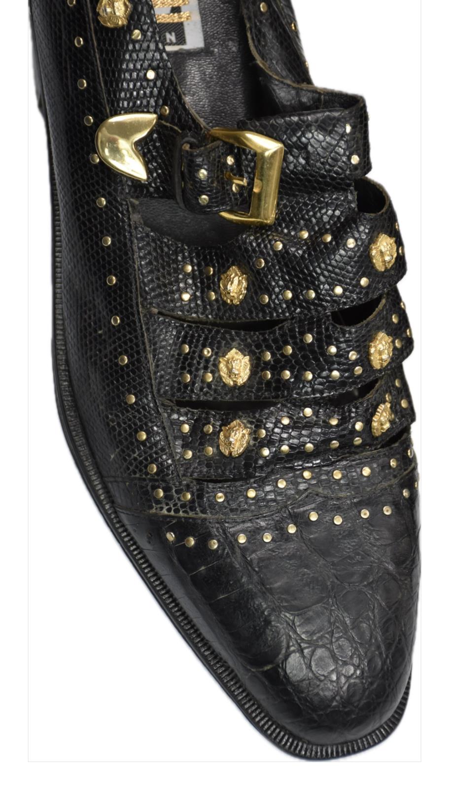 David Eden Men’s Black Genuine Crocodile Gator Lizard Gold Lions Shoes  11 MINT