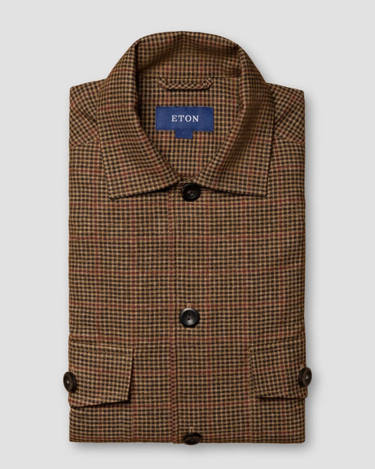Eton Mens Brown Checked Cotton–wool–cashmere Flannel Overshirt Jacket L New $300