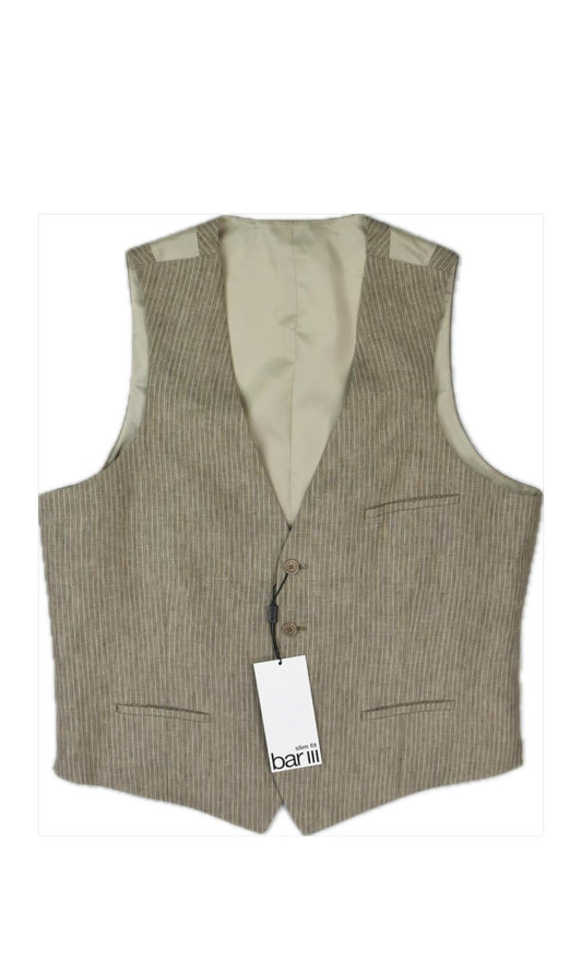 Bar III Mens Linen Slim Khaki White Stripe Suit Vest L NEW $125 HOCHVC9Y0031