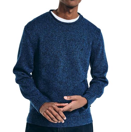 Nautica Men's Blue Cable Knit Cotton Blend Rolled Crewneck Sweater S  $98 S37302