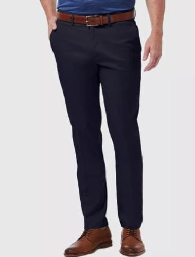 HAGGAR Mens Navy Flat Front Tapered Slim Stretch Pants 38 X 30 NEW $70 HC10890