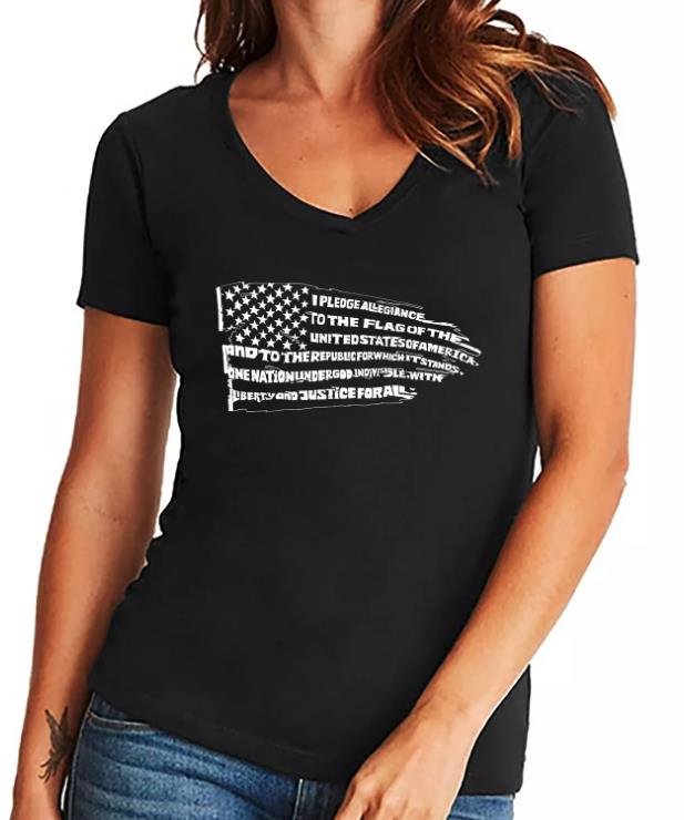 LA Pop Art Women's Word Art Pledge of Allegiance Flag V-Neck T-Shirt M NEW