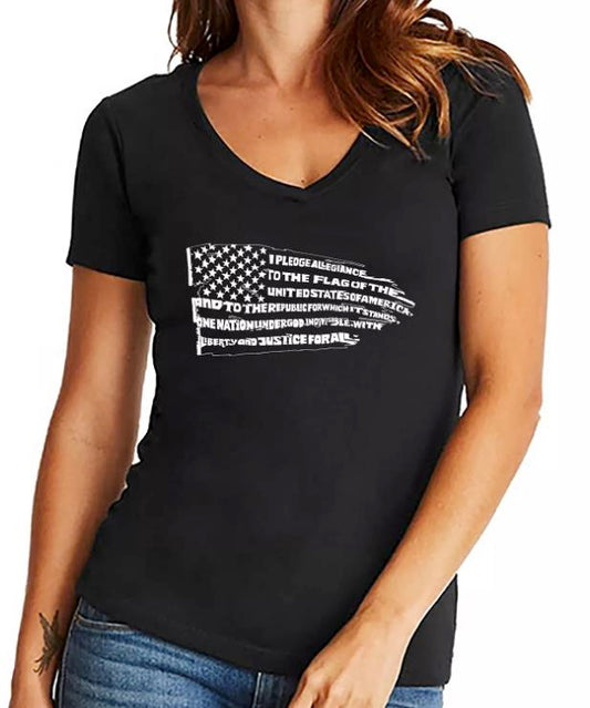 LA Pop Art Women's Word Art Pledge of Allegiance Flag V-Neck T-Shirt M NEW