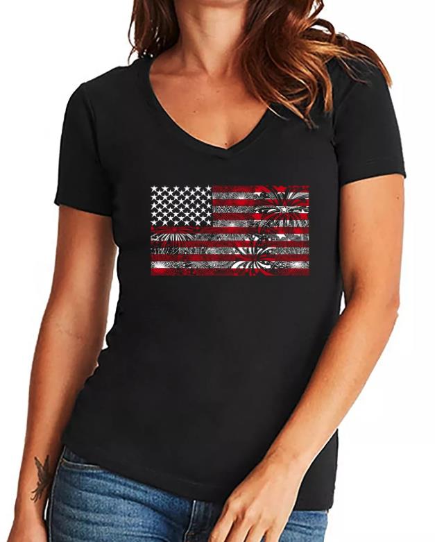 LA Pop Art Women's Fireworks American Flag V-neck T-shirt M NEW